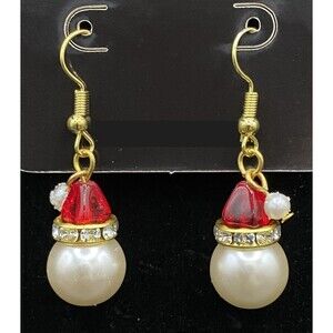 Santa Head Crystal with Glass & Faux Pearl Gold Tone Earrings by Neanie-Bot